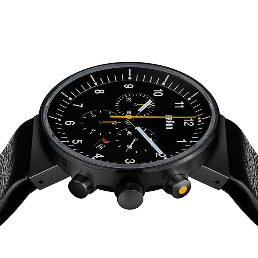 BN0095 Braun gents prestige chronograph watch - black dial and black leather strap - Image 4