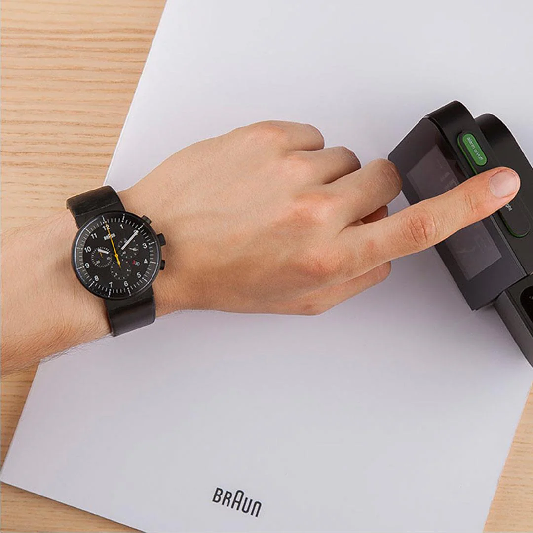 BN0095 Braun gents prestige chronograph watch - black dial and black leather strap - Image 8