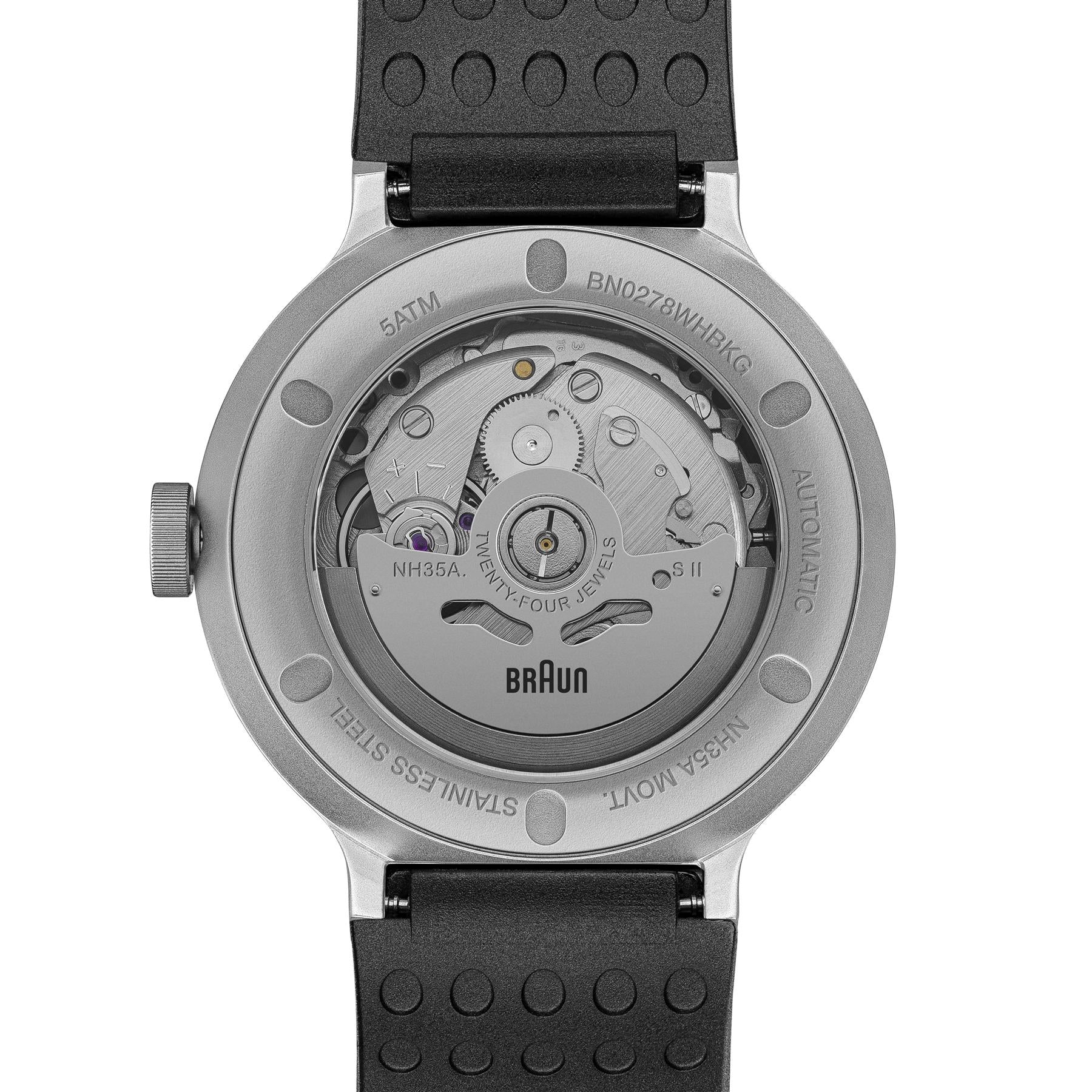 BN0278 Braun gents automatic watch - white dial and black rubber strap - Image 6