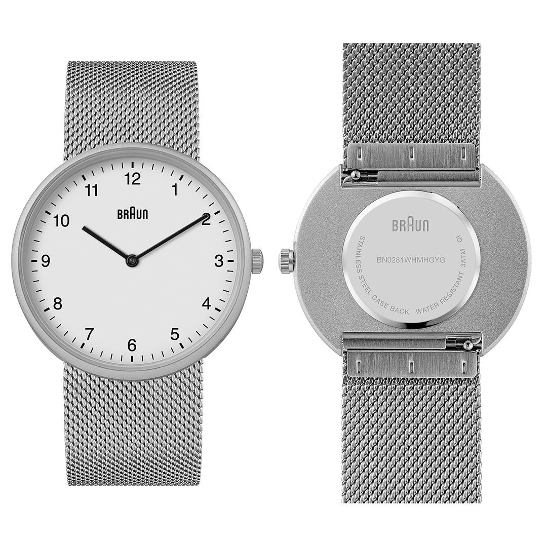 BN0281 Braun unisex analogue interchangeable watch set - white dial and stainless steel mesh bracelet & additional grey silicon strap - Image 3