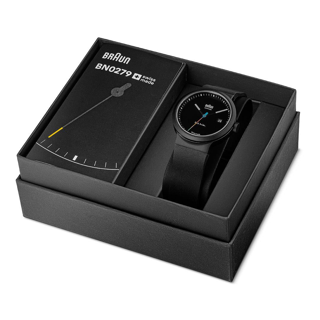 BN0279 Braun + Paul Smith Swiss made automatic watch - black dial and black rubber strap - limited edition - Image 8
